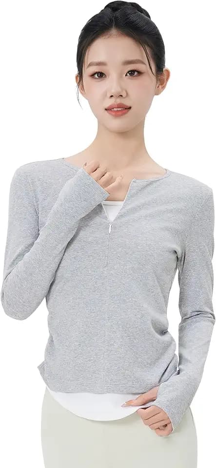 Long Sleeve Teen Girls Women Athletic Shirts, Faux-2 Pieces Dance Tops Undershirts for Yoga