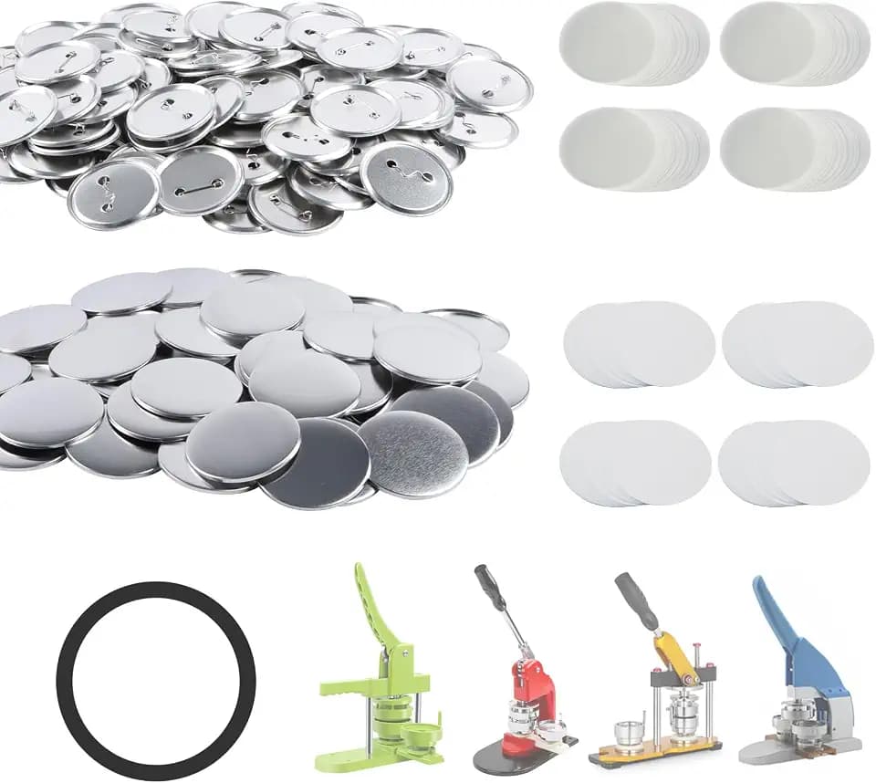 Happizza 100 Sets 75mm(3 inch) Metal Button Supplies,Round Pin Buttons Parts Blank Buttons Making Supplies for Button Maker Machine, Includes Metal Back Cover Shells, Clear Film&Blank Paper&Gasket