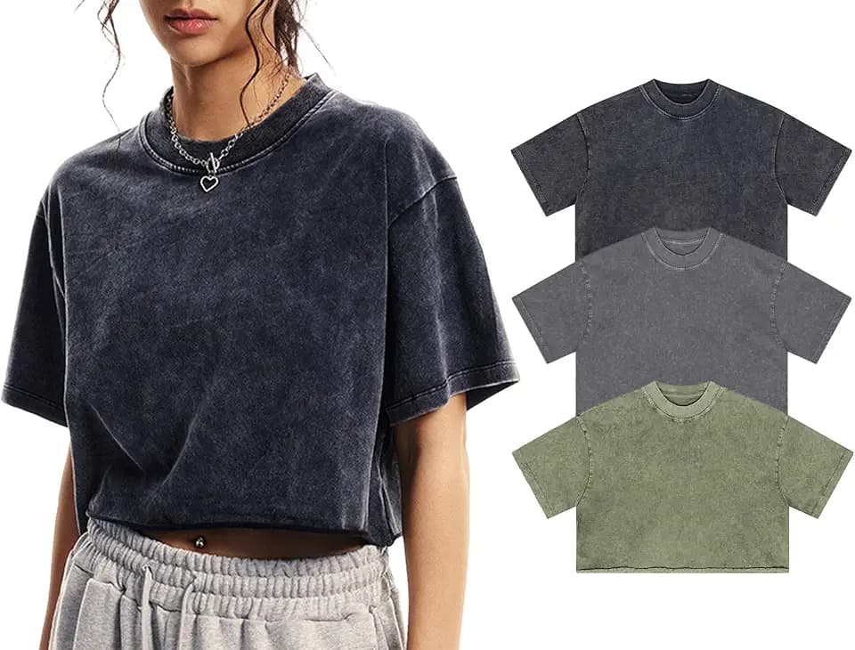 Womens Oversized Vintage T Shirts Casual Cropped Tees Short Sleeve Cotton Acid Wash Tops Summer Grunge Shirts