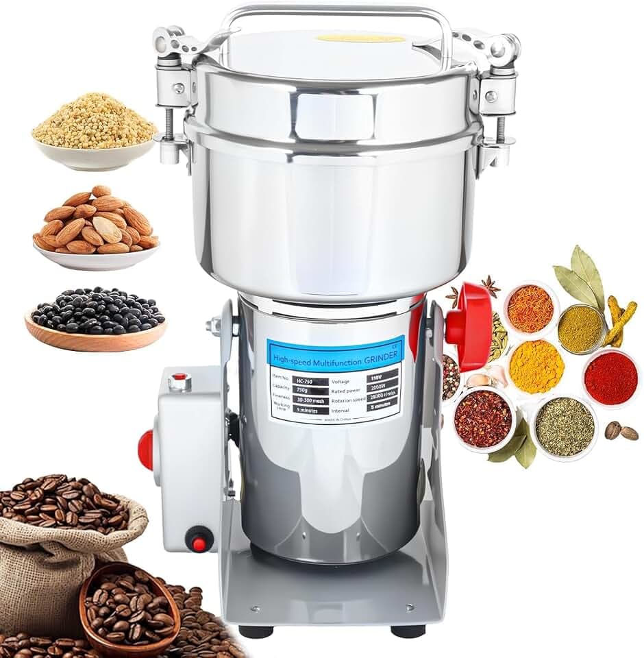 Grain Mill Grinder 750g Swing Type, 2000W High Speed Electric Grain Grinder, 25000 RPM Stainless Steel Dry Food Pulverizer for Grains, Spices, Herbs, Coffee, Rice, Corn, Seeds