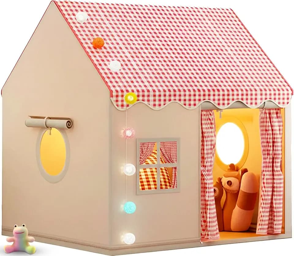 Rosa Spielzelt für Mädchen mit LED-Lichterkette (Kugeln) und weichem Regenbogen-Frosch – Spielzelt für drinnen, Kinderzelt für 3- bis 7-Jährige, Pop-up-Spielzelt für draußen