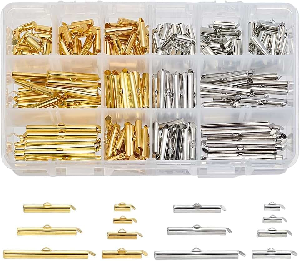 PandaHall 240pcs 7 Size Slide On End Verschluss Schieber Verschlüsse Tubes Slider End Caps Crimp End Tube Rohre Terminatoren für Multi-Strang Halskette Armband Schmuckherstellung, Platinum/Golden
