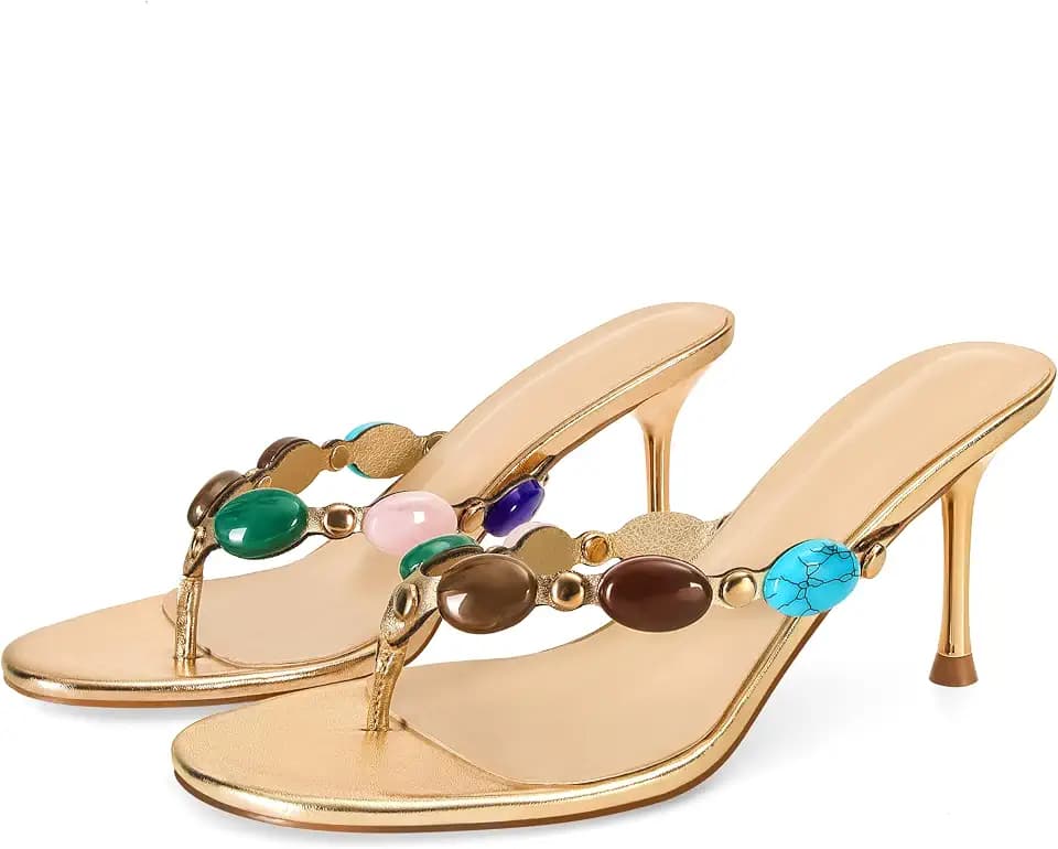 Wnshonzy Women's Strappy Heeled Sandals Jewelled Thong Flip-Flop Kitten Heels Slip On Pumps Stiletto Dressy Summer Mule High Heel Round Open Toe Fashion Vintage Bohemia
