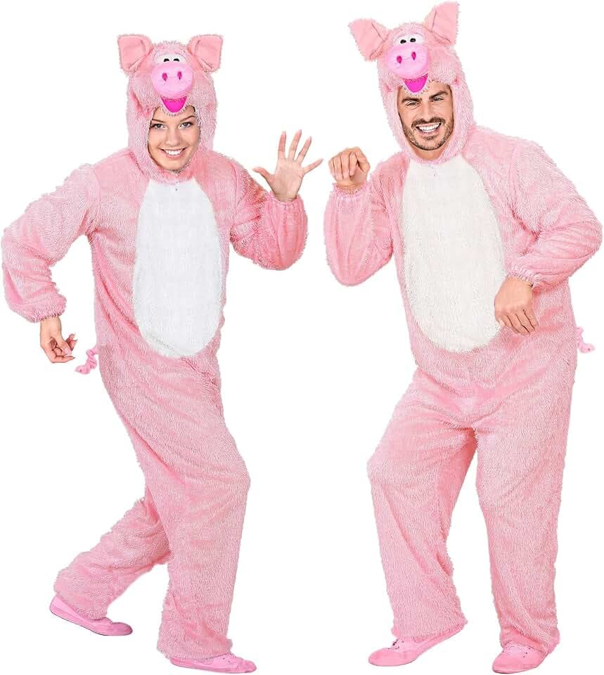 W WIDMANN MILANO Party Fashion - Kostüm Schwein, Plüsch Overall mit Kapuze, Bauernhof, Tierkostüm