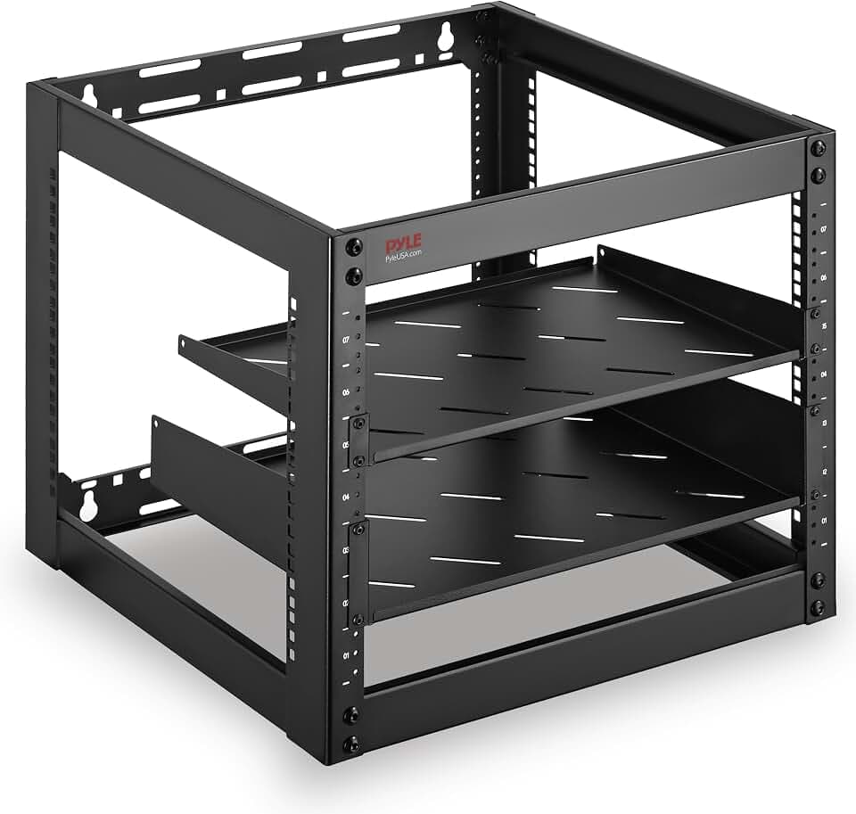 Pyle 10U Network Cabinet - Enclosed Wall Mount Server Rack w/Fan, Lockable Door, Heavy-Duty Wheels, Steel Construction, Vented Shelves, Easy Access, 19" Equipment Compatible, 20 x 20 x 17 in (Black)