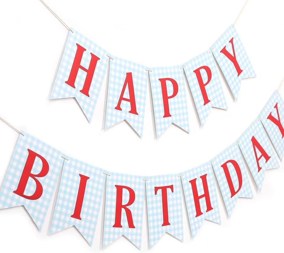 Blue and red Happy Birthday Banner - Happy 1st Birthday decorations, Blue Gingham with Red Letters Happy Birthday Banner