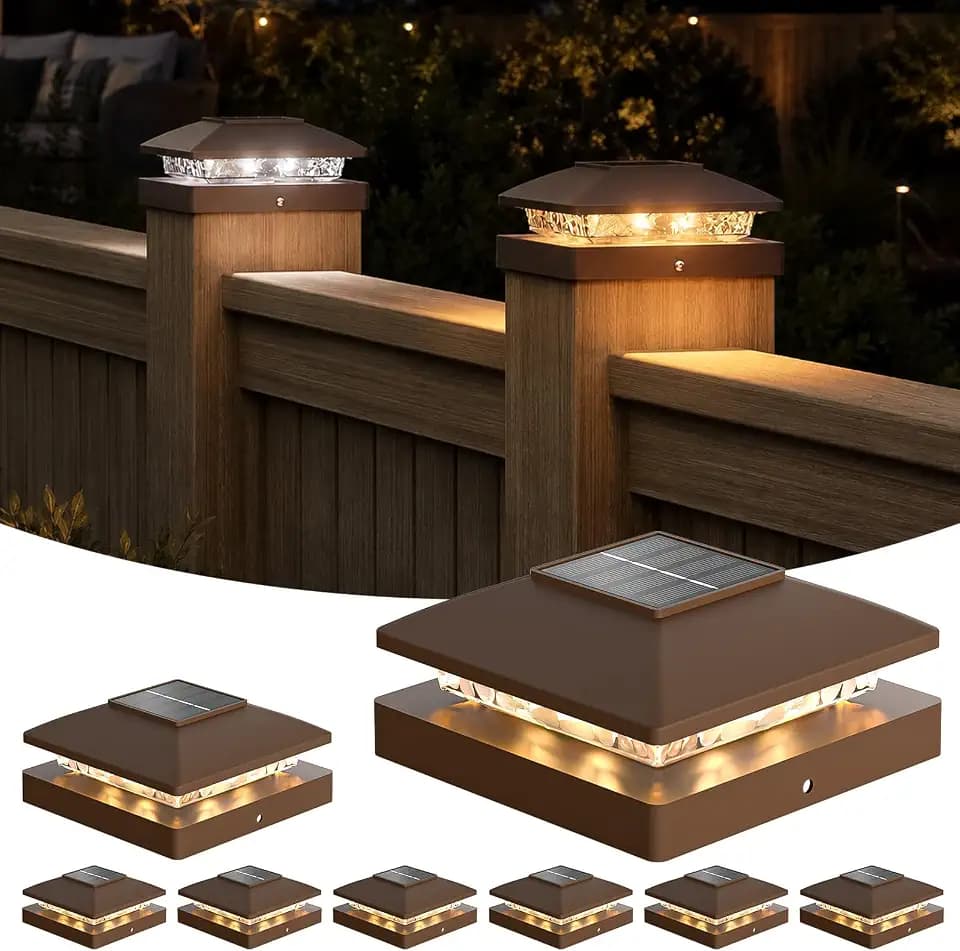 APONUO Solar Post Cap Lights for 4x4 Posts - IP64 Waterproof, Warm/Cool White, Wireless Fence Lights & Deck Lights for Patios, Gardens, and Yards, Brown,8 Pack
