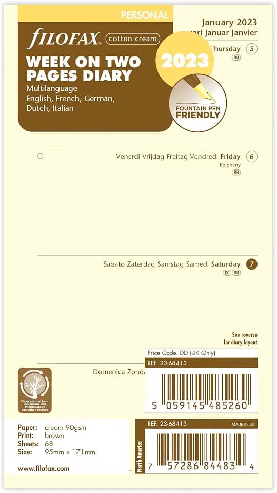Filofax Terminkalender 2023, 1 Woche auf 2 Seiten, cremefarben, 5 Sprachen, 23-68413, Baumwolle creme