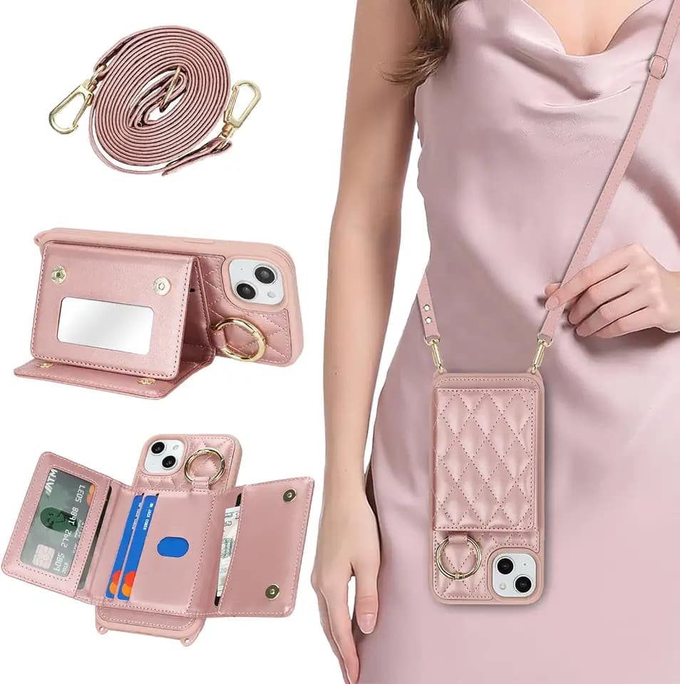 for iPhone 15 Plus Case with Card Holder and Strap, Dark Rose Gold