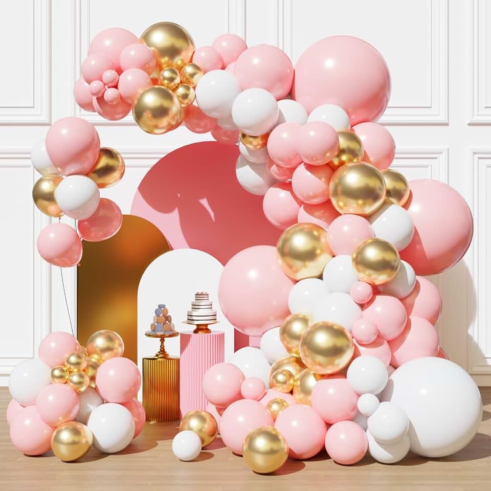 Pink and White Gold Balloons Arch Kit, Pink Birthday Balloons Arch Kit