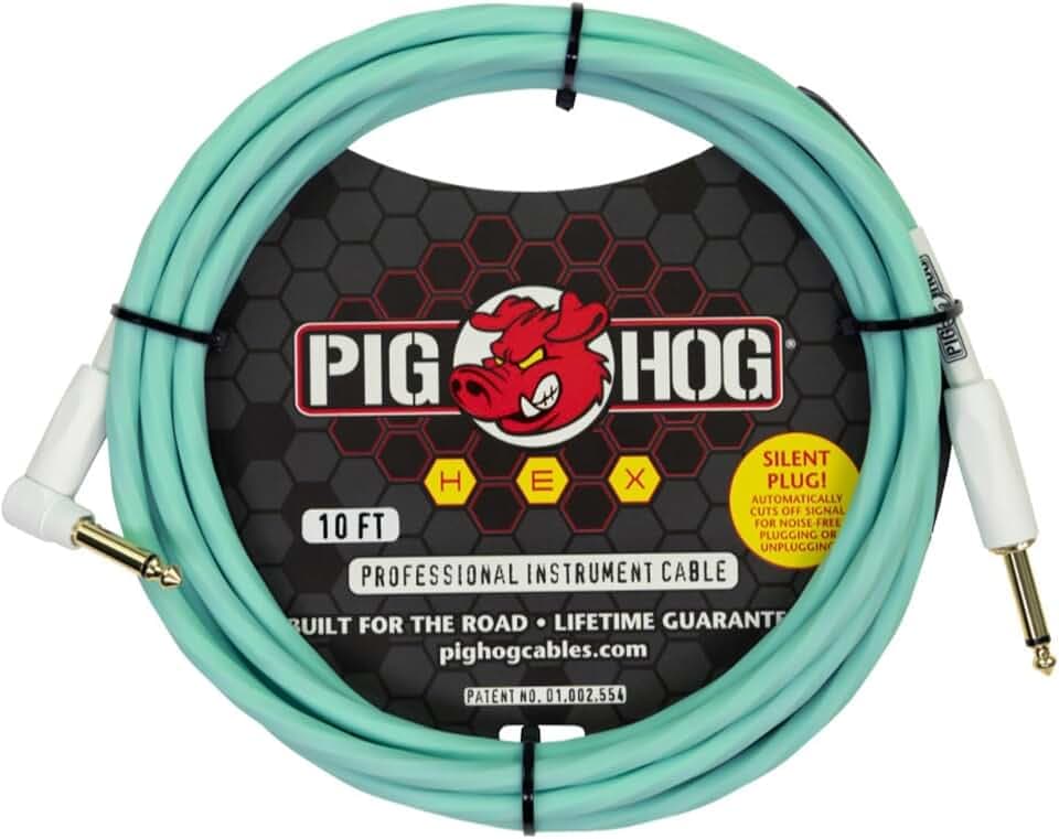 Pig Hog PHSH10SGR Hex Series Silent Cable, Seafoam Green, 10 Feet