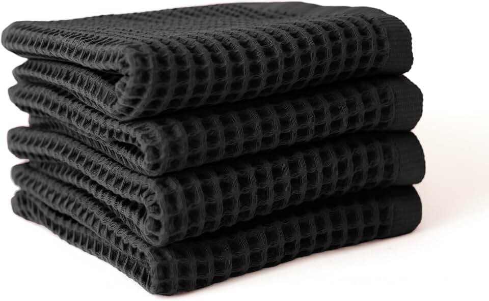 Waffle Hand Towels for Bathroom Set of 4, Black, 20x35