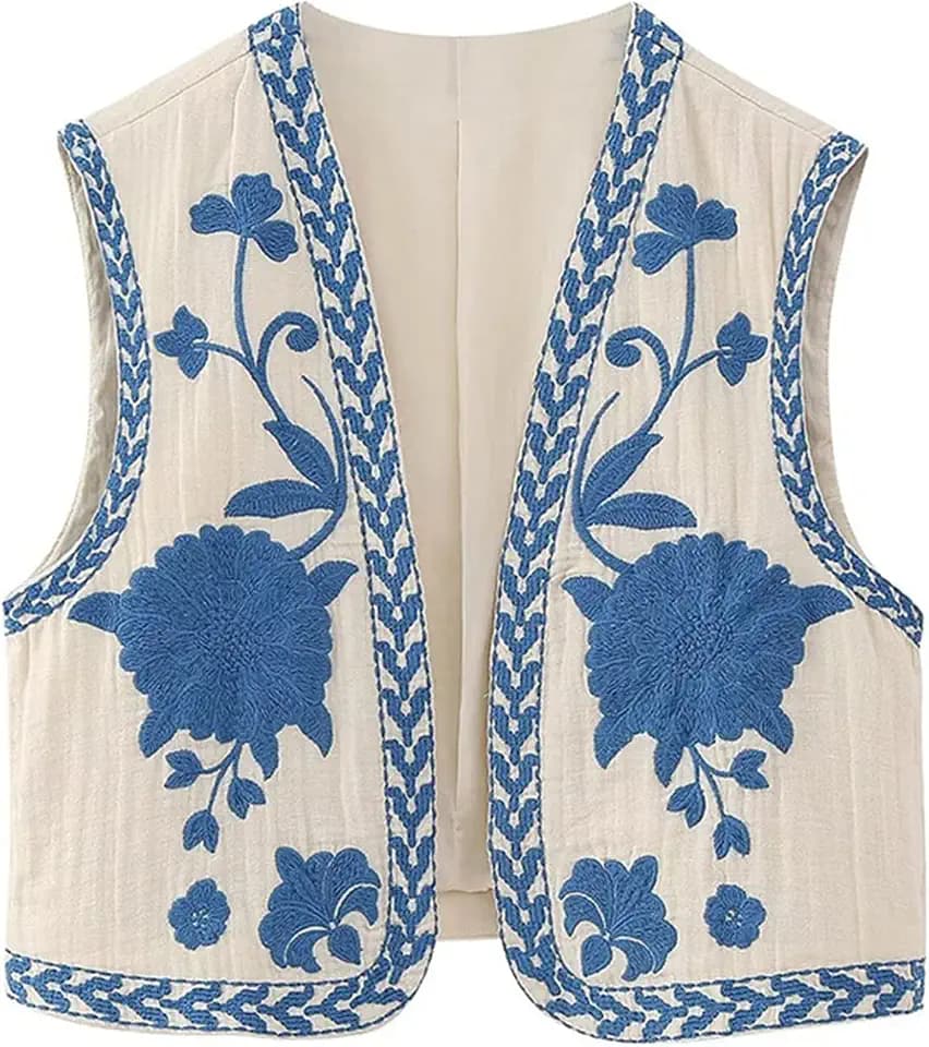 Loalirando Damen-Sommer-Weste mit Blumenstickerei, ärmellos, bestickt, Blumenmuster, Retro, Vintage