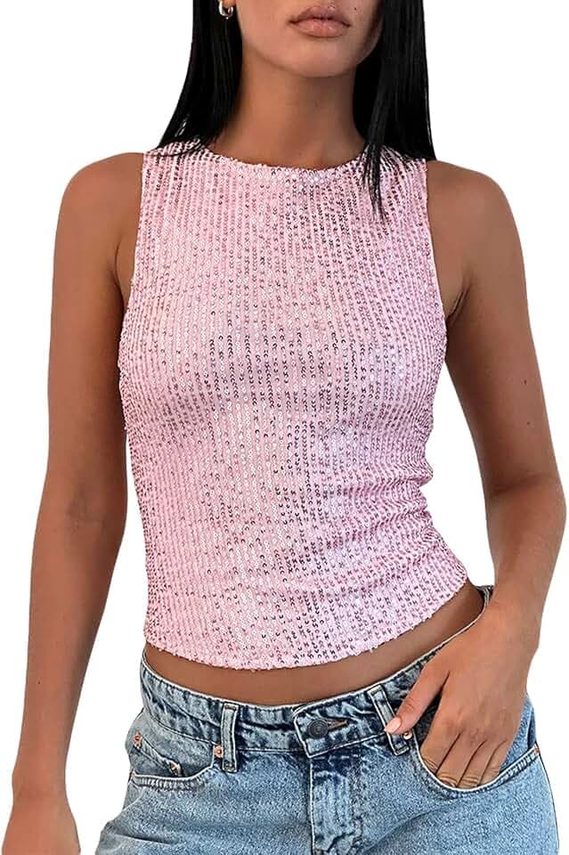 Damen Shine Pailletten Tank Tops Ärmellos Rundhals Glitzer Slim Fit Weste Y2K Tops für Club Party