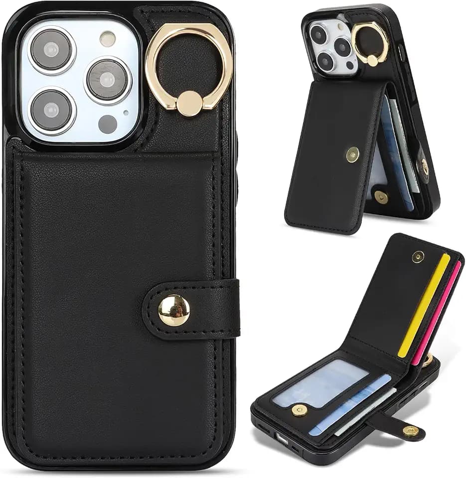 Compatible iPhone 16 Pro Wallet Case with Card Holder RFID Blocking PU Leather Doubles as a Wallet Unisex Flip Shockproof Protection with Card Slots Ring Wrist Kickstand Function,Black