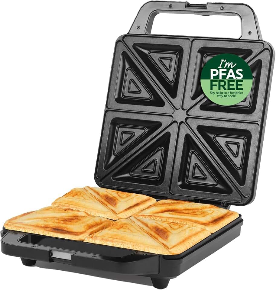 Salter 4-Scheiben-Sandwichmaker – Elektrischer Deep-Fill-Sandwichtoaster, PFAS-freie, antihaftbeschichtete Platten, automatische Temperaturregelung, Power-/Ready-Lichter, 4 Toasties mit Kapazität