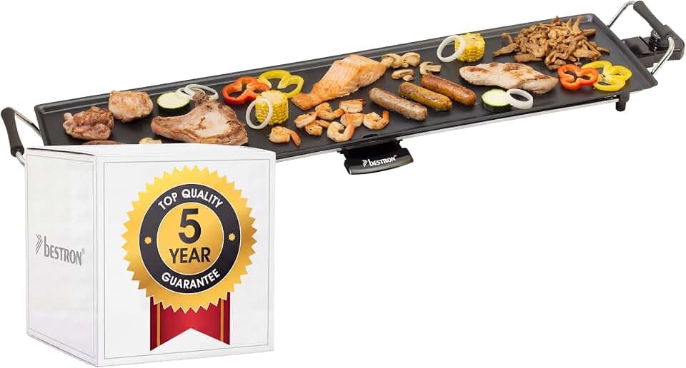 Bestron elektrischer Tischgrill, XXL Plancha-/Teppanyaki-Grillplatte mit Antihaftbeschichtung, Grillspaß für bis zu 8 Personen, extra lange Grillfläche, 1.800 Watt, Farbe; Schwarz, 90,5 x 23,7 cm
