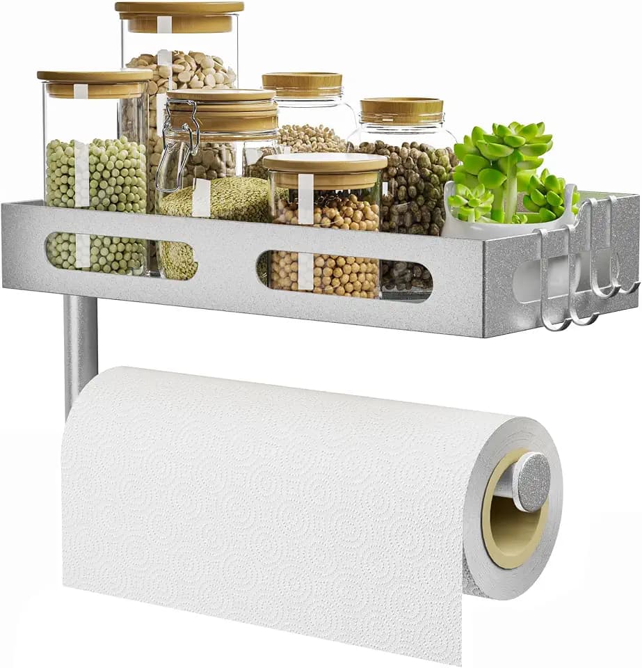 Silver Paper Towel Holder Wall Mount with Shelf, Easy One Hand Tear, Adhesive Glue or Drill Mount Hanging Paper Towel Holder with Shelf for Kitchen/Bathroom/RV, Metal, 4 Hooks