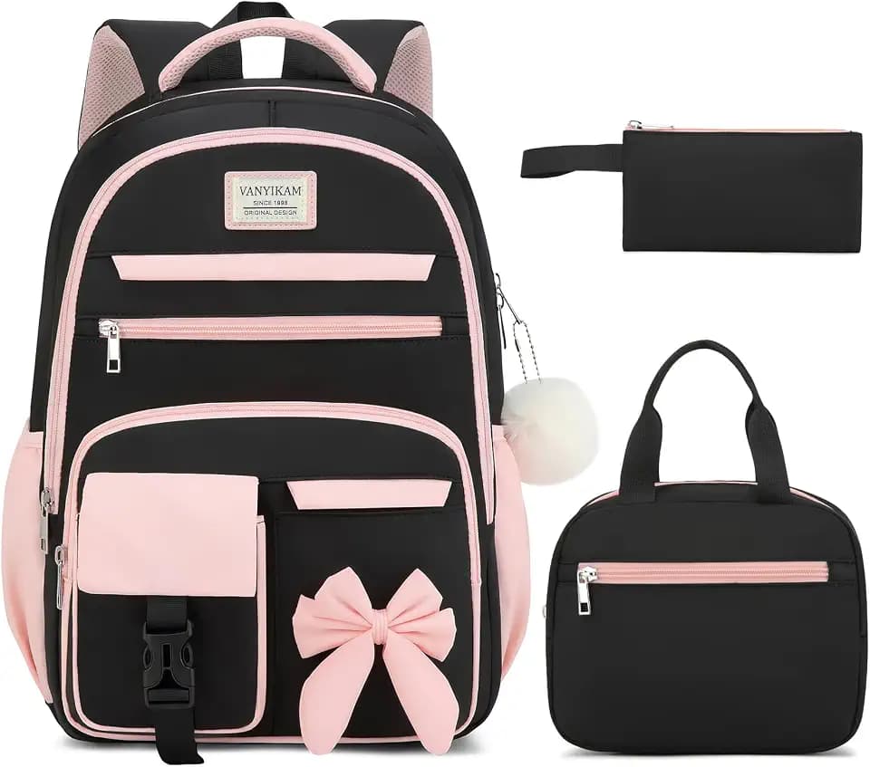 Girls Backpack for School, 3PCS Backpack with Lunch Box & Pencil Pouch for Teens Girl Kids Elementary Middle High School College Student Bookbag Laptop Daypack for Women, Black Pink