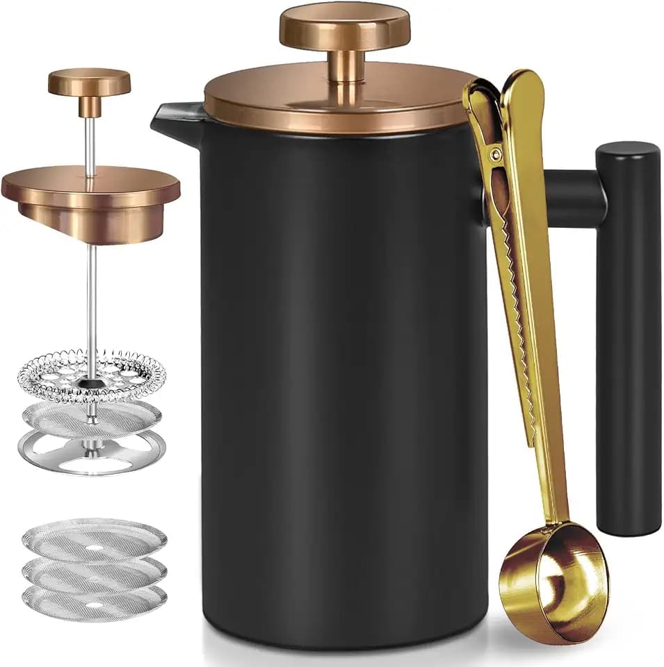 Edelstahl French Press Kaffeepresse 600ml, doppelwandige isolierte French Press, für Kaffee und Tee, mit 3 zusätzlichen Sieben und einem Kaffeelöffel, schwarz
