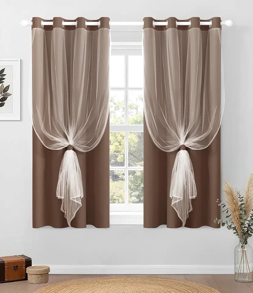 100% Blackout Curtains with Sheer Overlay, Brown, 52 x 63 inch, 2 Panels