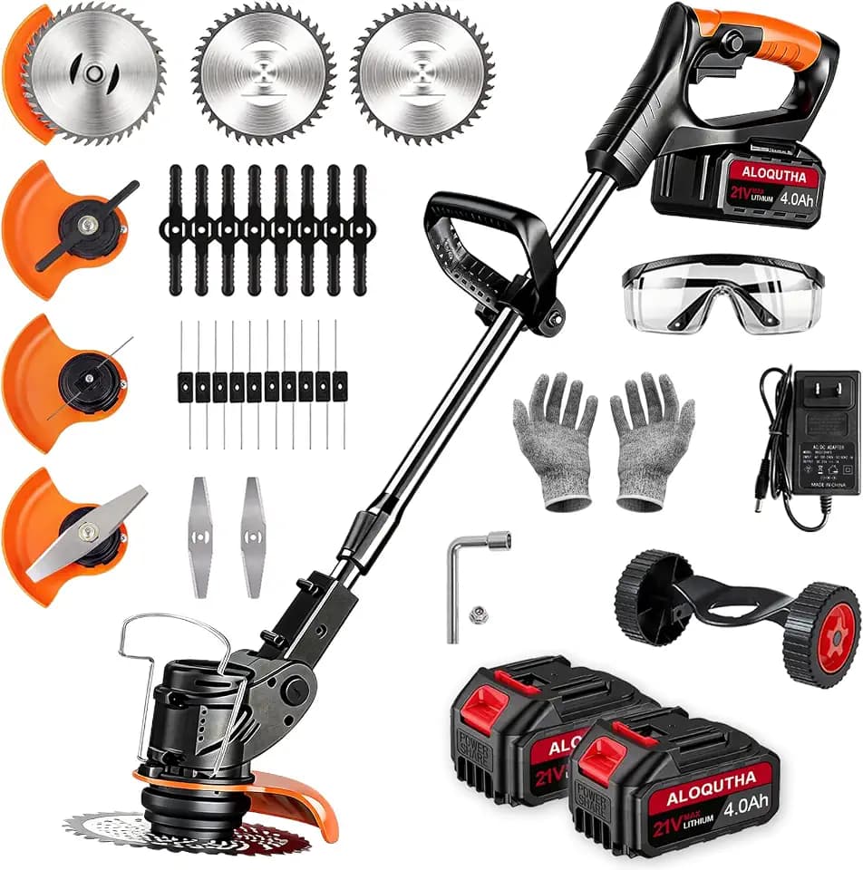 Electric Weed Wacker, 21V Cordless Wheeled Weed Eater, 3-in-1 Stringless Grass Trimmer/Edger/Brush Cutter with 2×4.0Ah Rechargeable Batteries, 3 Replacement Blades for Lawn, Yard & Garden Care