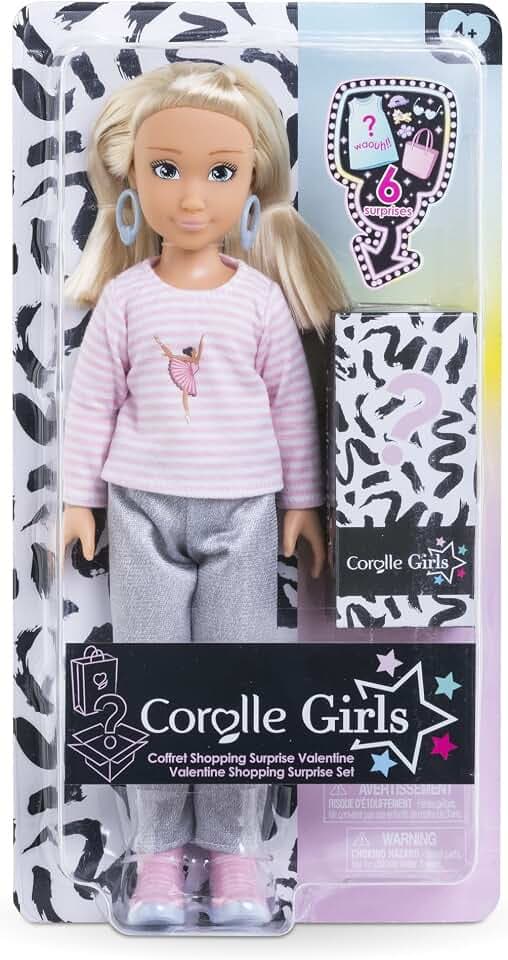 Corolle Girls Valentine Shopping Surprise, Ankleidepuppe mit Ohrringen und 6 Überraschungen, Vanilleduft, 28cm, ab 4 Jahre