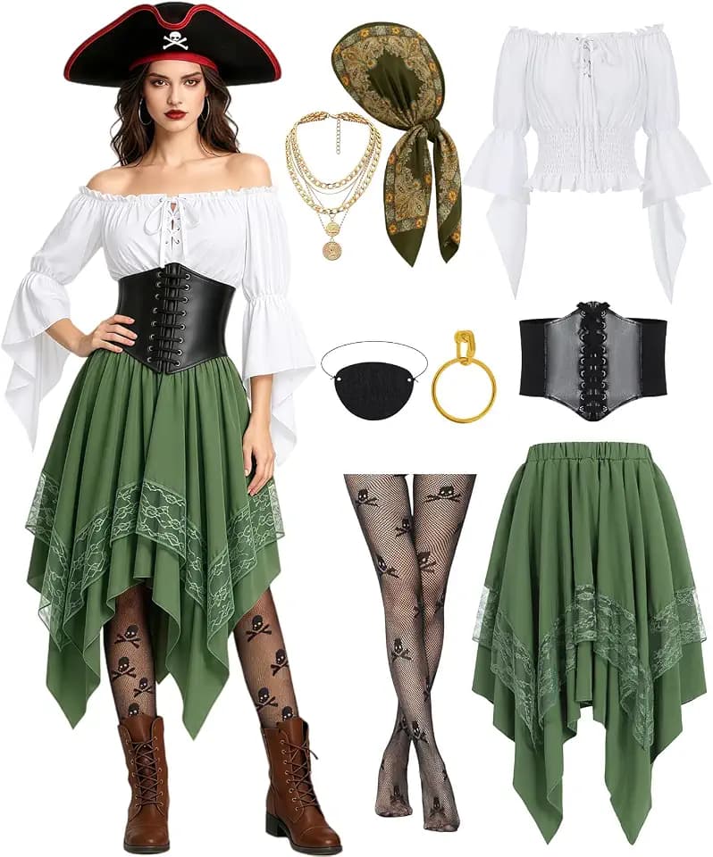 8pcs Adult Women Pirate Costume Dress with Accessories Set