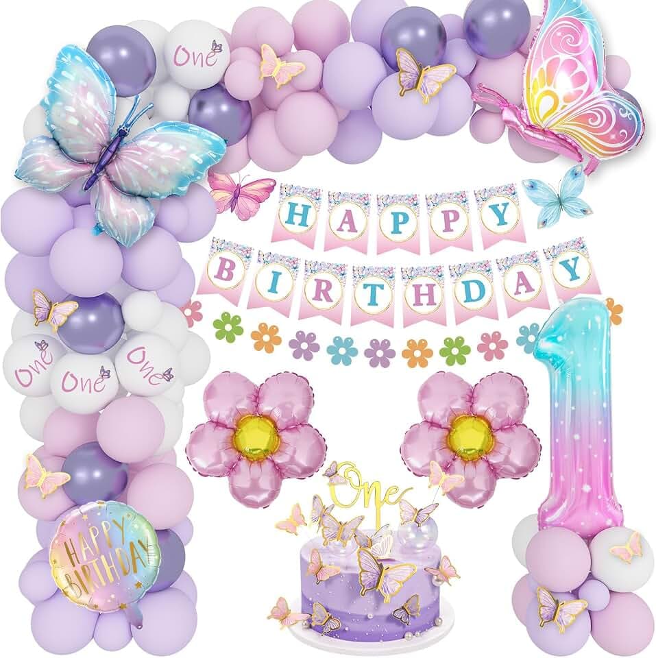 Deko 1. Geburtstag Mädchen, Rosa Lila Geburtstag Ballons, Erster Mädchen, Set mit Schmetterling Folienballons, Alles Gute Zum Banner, Nummer 1 Ballon, Schmetterling Aufkleber