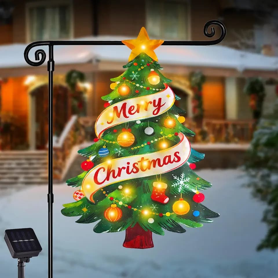 Lighted Christmas Garden Flag for Outside, Xmas Tree, 12x18 Inch