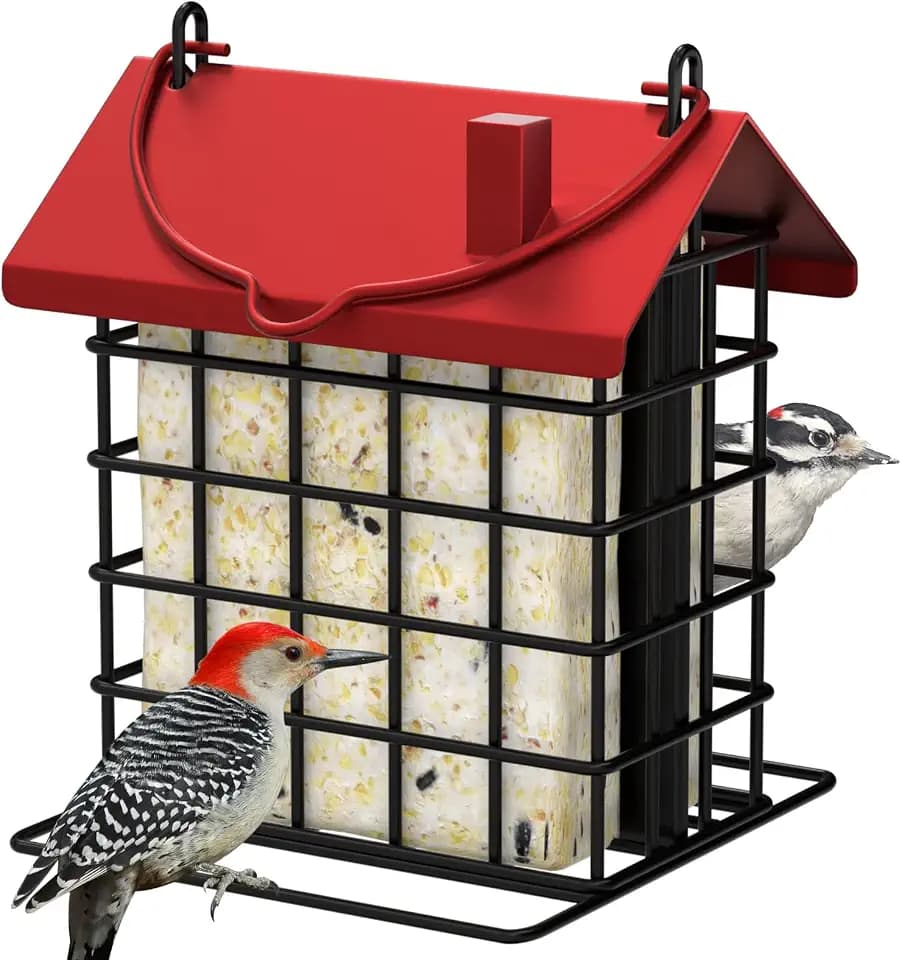 Gbekery All-Metal Double Suet Bird Feeder for Outdoors Hanging, Red Roof