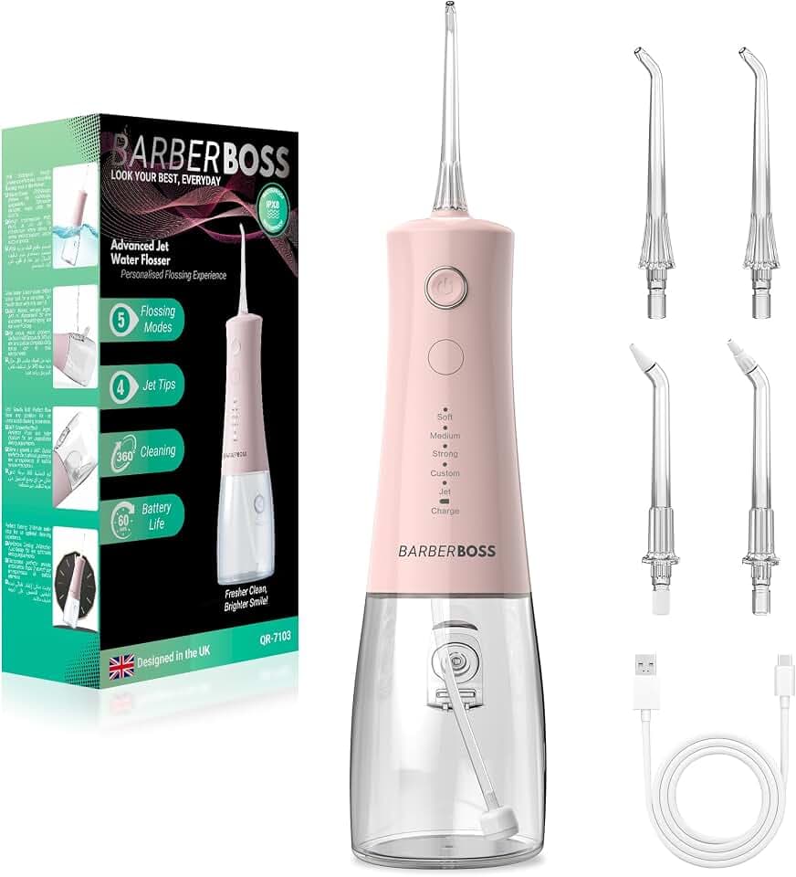 BarberBoss Munddusche Kabellos, Elektrische Zahnseide mit 5 Druckmodi, IPX8 Wasserschutz, tragbares Zahnreinigungsgerät zur sanften Zahnfleischpflege, QR-7103 (Pastellrosa)
