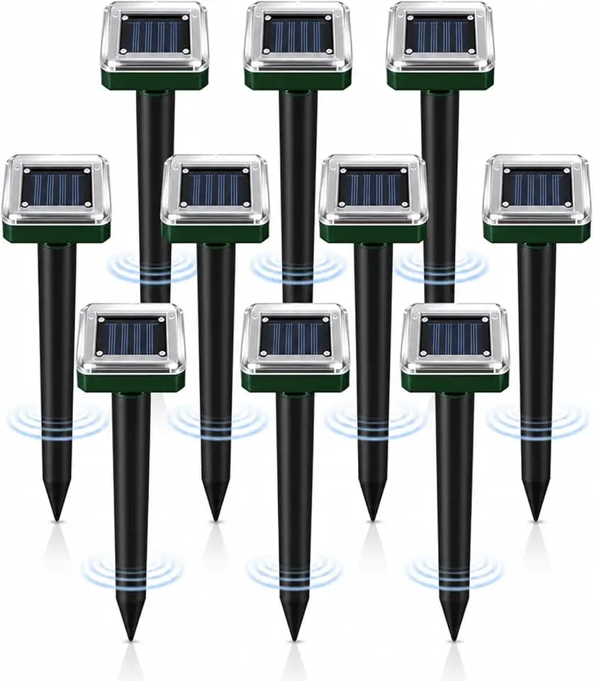Solar Ultrasonic Mole Repellent Stakes – Solar Operated Vibration Mole Deterrent, IP65 Waterproof Outdoor Pest Repeller for Lawn Garden Farm – 10 Pack Square