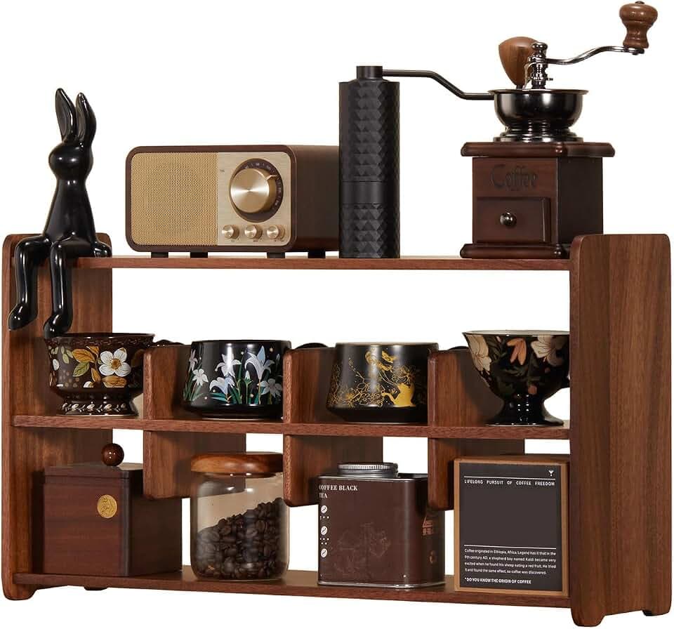 Coffee Cup Holder for Countertop Walnut Wood Coffee Mugs Holder for Kitchen Mug Display Rack (3-Tier Walnut wood A)