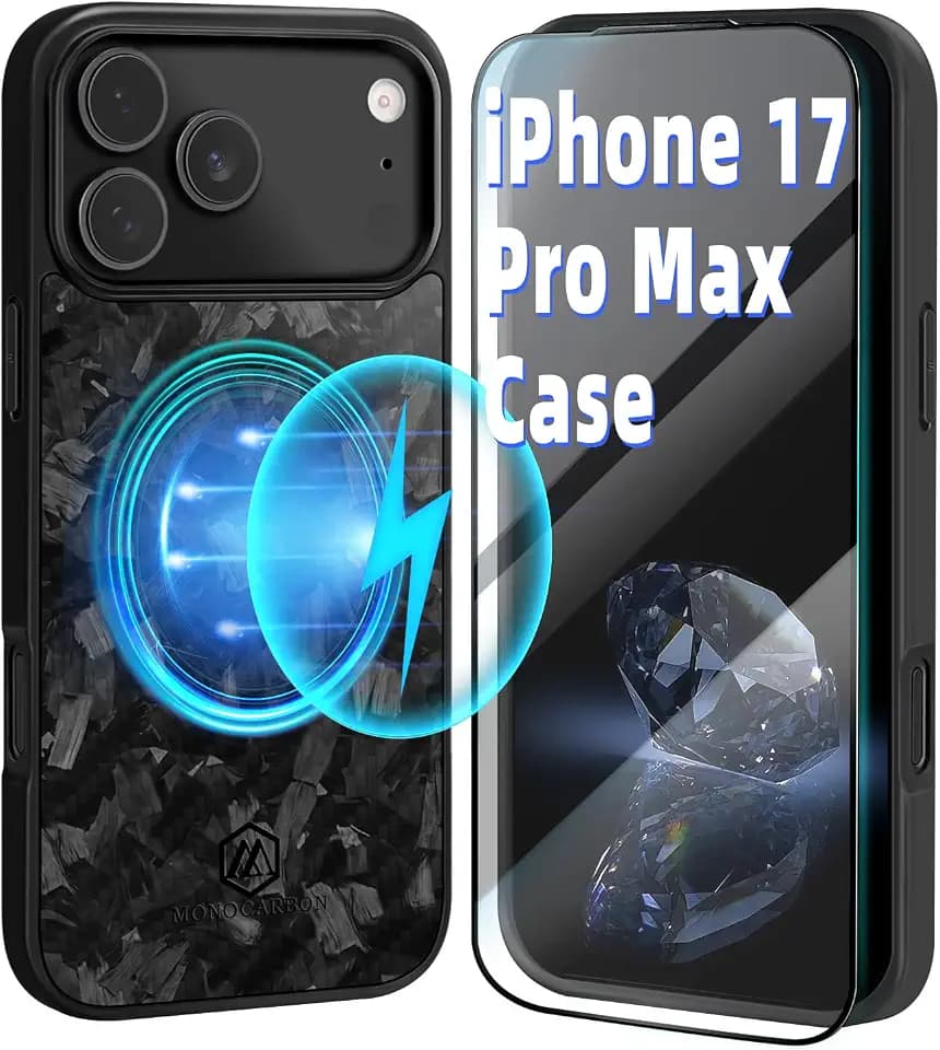 MONOCARBON Forged Carbon Fiber Case for iPhone 17 Pro Max, Military-Grade 3-Layer Drop-Proof Protective Cover, 6.9" Hard Case with [Camera Button Cutout], [MagSafe Compatible]+[Free Screen Protector]
