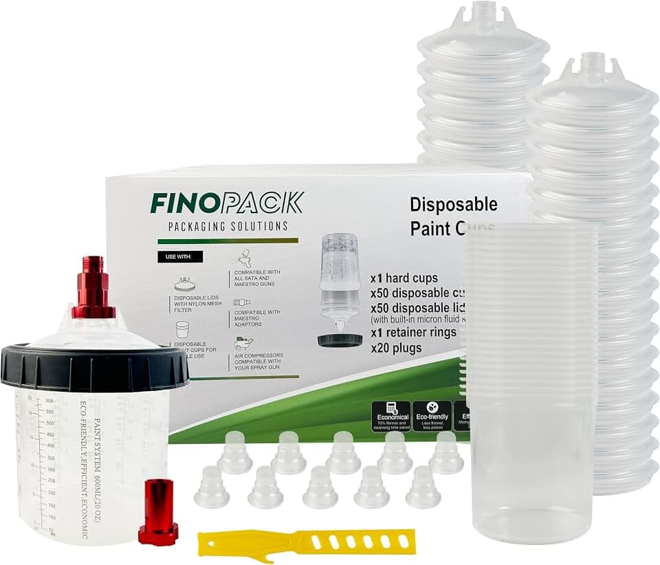ENDOZER Disposable Paint Cup 50 Pack 20 Ounce(600ML) Mixing Cups for Automotive Spray Gun with 50 Liners and Lids System, 1 Hard Cup with Retainer Ring, 20 Plugs, 2 Adapters for Paint Gun