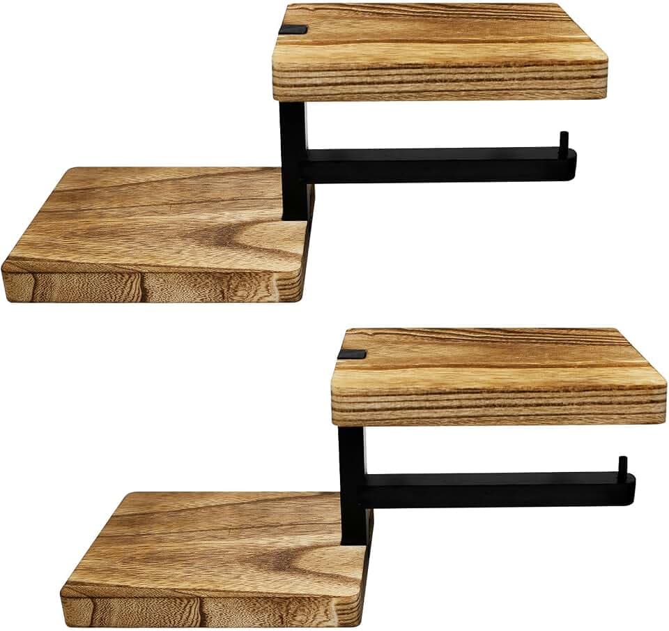 2 Stück Klopapierhalter Holz Ablage mit 2 Toilettenpapierhalter aus aus Metal,Holz mit Ablage Vintage Klopapierhalter Wandmontage WC Papier Halterung Wandmontage für Küche und Badzimmer