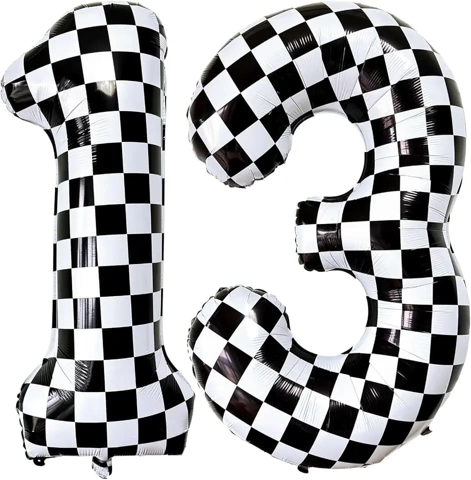 LHOAVWE Number 13 Checkered Balloons 40 Inch Giant Race Car Checkered 13 Number Balloons for 13th Race Car Checkered Birthday Party Supplies