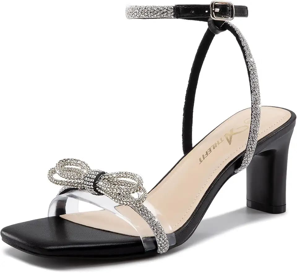 Athlefit Women's Rhinestone Bow Heels Clear Open Square Toe Block Heels Buckle Heeled Sandals for Party Wedding