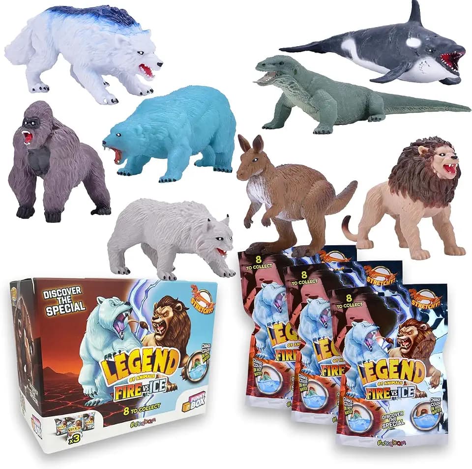 #sbabam Legend of Animals Fire vs Ice Erweiterbare Tiere, Funny Box mit 3 verschiedenen Figuren wie Gorilla, Orca, Löwe, Bär, Spielzeug für Kinder