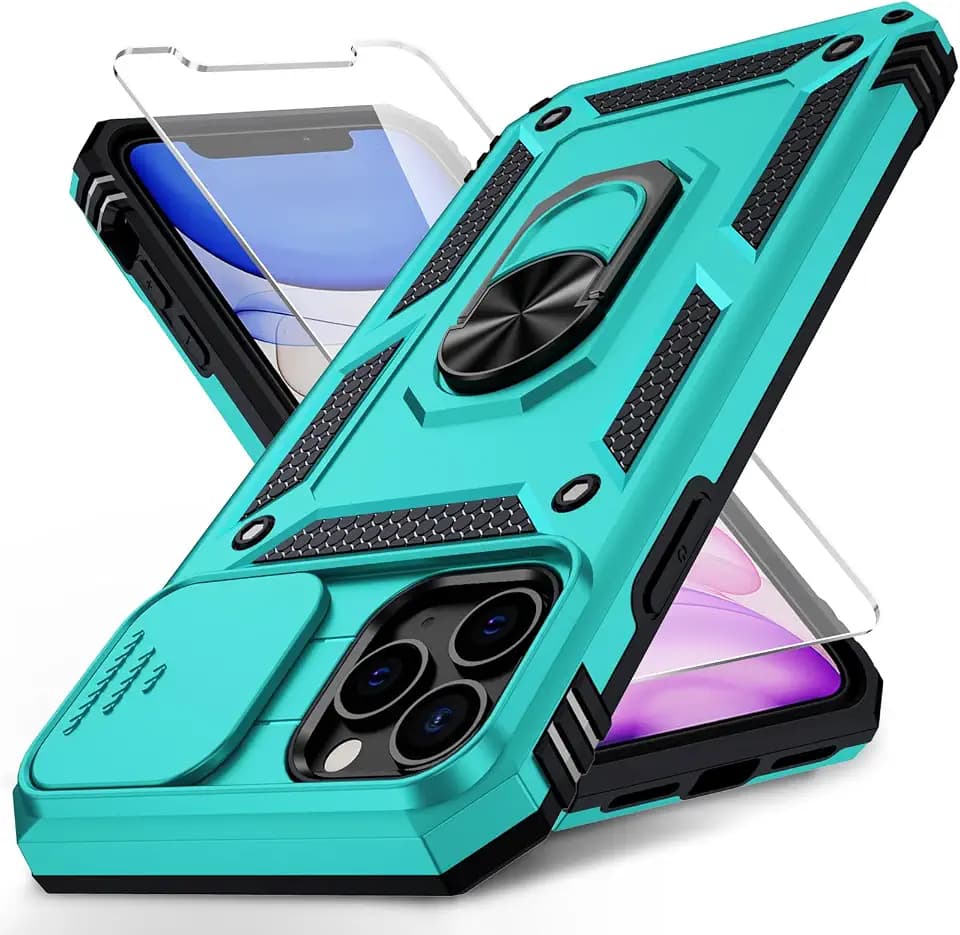for iPhone 11 Pro Max Case with Camera Lens Cover, HD Screen Protector, 10 FT Military Grade Drop Protection, Magnetic Ring Holder Kickstand Protective Phone Case for iPhone 11 Pro Max, Ice Green