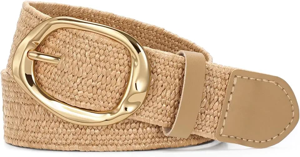 SUOSDEY Damen Gewebter Strohgürtel, Boho Stretchgürtel für Kleider und Hosen mit Goldener Schnalle