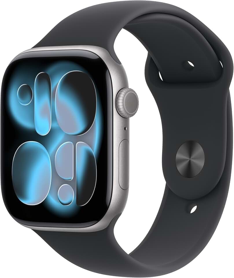 Apple Watch Series 11 GPS 46 mm Smartwatch mit Aluminiumgehäuse in Space Grau und Sportarmband in Schwarz (M/L). Schlafindex, Fitnesstracker, Gesundheitstracking, Always-On Display, Wasserschutz