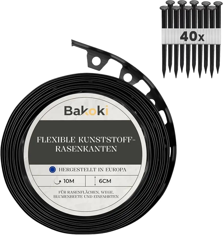 Flexible Rasenkante (10 m | 40 Erdanker | 6 cm Höhe) Schwarz Kunststoff Wetterbeständige Rasenabgrenzung Beeteinfassung Rund - Blumenbeet Umrandung - Mähkante