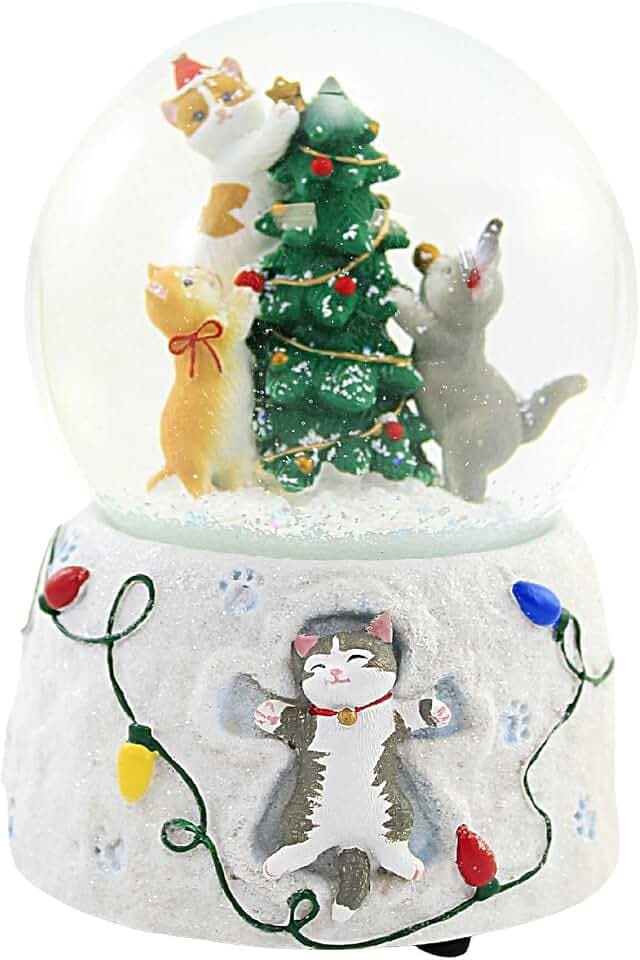 Roman 6" Musical Christmas Glitterdome – Cat Decorating Christmas Tree, 100mm Snow Globe, Holiday Home Decor, Tabletop Christmas Decoration, Gift for Cat Lovers