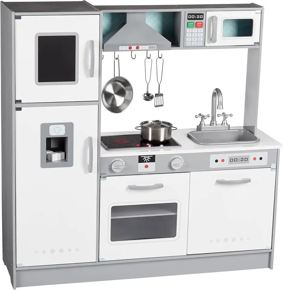 Amazon Basics Kids Kitchen Set, Play Kitchen Toy Playset for Toddlers, Preschoolers, 39" L x 11.8" W x 39" H, White & Gray