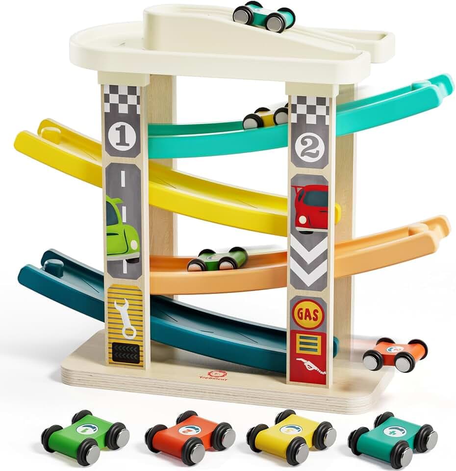 TOP BRIGHT Kugelbahn Autorennbahn aus Holz mit 4 Autos - Kinderspielzeug Geschenke für Kinder, Baby Spielzeug ab 1 Jahr Jungen und Mädchen