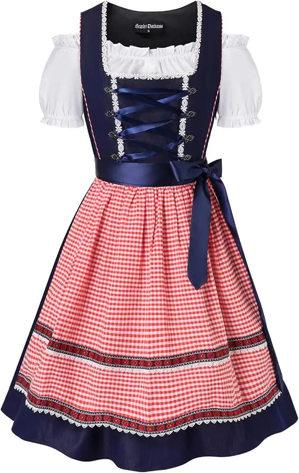 SCARLET DARKNESS Damen 3tlg Dirndl Kleid Oktoberfest Kostüme Midi Trachtenkleid und Tops,Dirndlschürze Plaid Dirndl