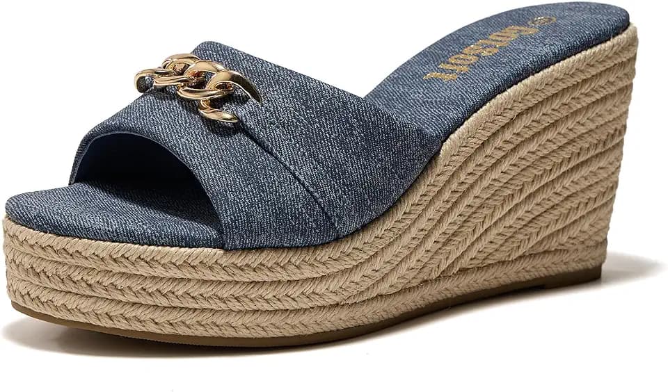 Womens Wedge Slide Sandals Chain Decor Espadrille Platform Mules
