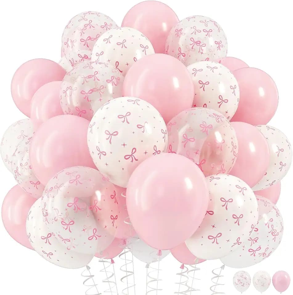 HILAVO Pink Bow Balloons, 12 Inch Pastel Light Pink Transparent White Bow Print Coquette Balloon for Girls Women Birthday Bachelorette Party Bridal Baby Shower Wedding Anniversary Decorations Supplies